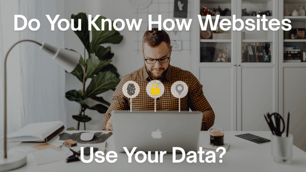 Cybersecurity awareness concept showing man on laptop with data protection icons.