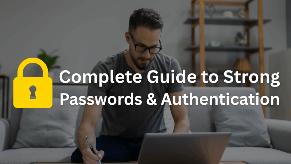 Professional on laptop with security icon highlighting importance of password strength.