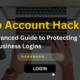 Person on laptop with text overlay warning about account hacks and promoting secure logins.