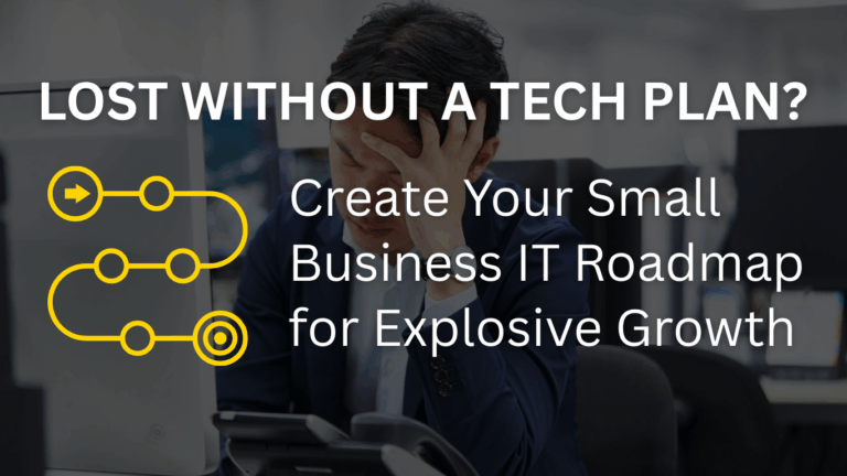 ressed professional with message about building a small business IT plan for growth.