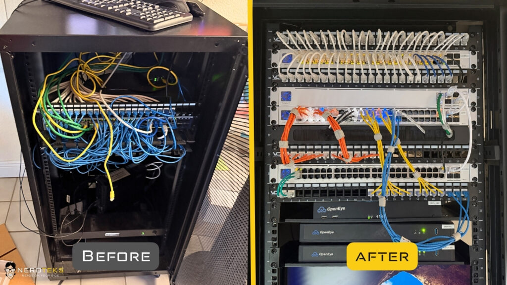 A before and after comparison of a network rack, showing messy, tangled orange and blue cables transformed into a neat, professionally organized structured cabling system.