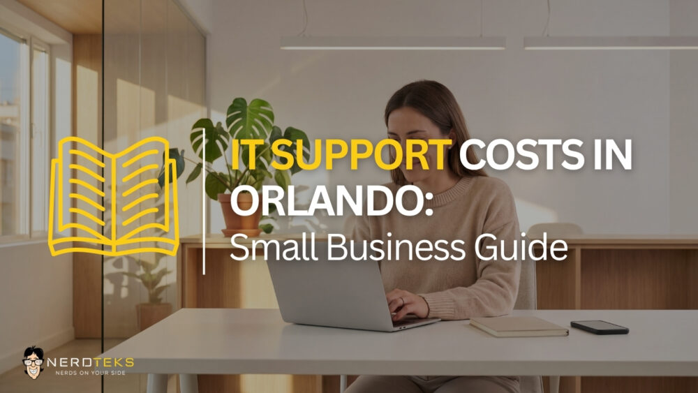 Woman using a laptop in an office with the title “IT Support Costs in Orlando: Small Business Guide.”