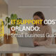 Woman using a laptop in an office with the title “IT Support Costs in Orlando: Small Business Guide.”