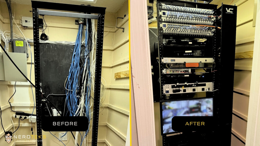 business-network-rack-cleanup-before-after.jpg Before-and-after business network rack cleanup showing loose cabling reorganized into labeled patch panels, switches, and structured Ethernet connections.