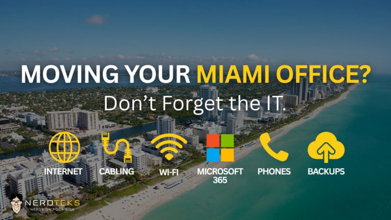 Miami office move IT checklist covering internet, data cabling, Wi-Fi, Microsoft 365, phones, and business backups.