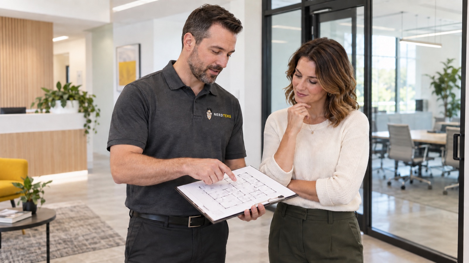 Concept illustration of a consultant in a Nerd Teks polo and an office manager reviewing a floor plan beside a glass entrance