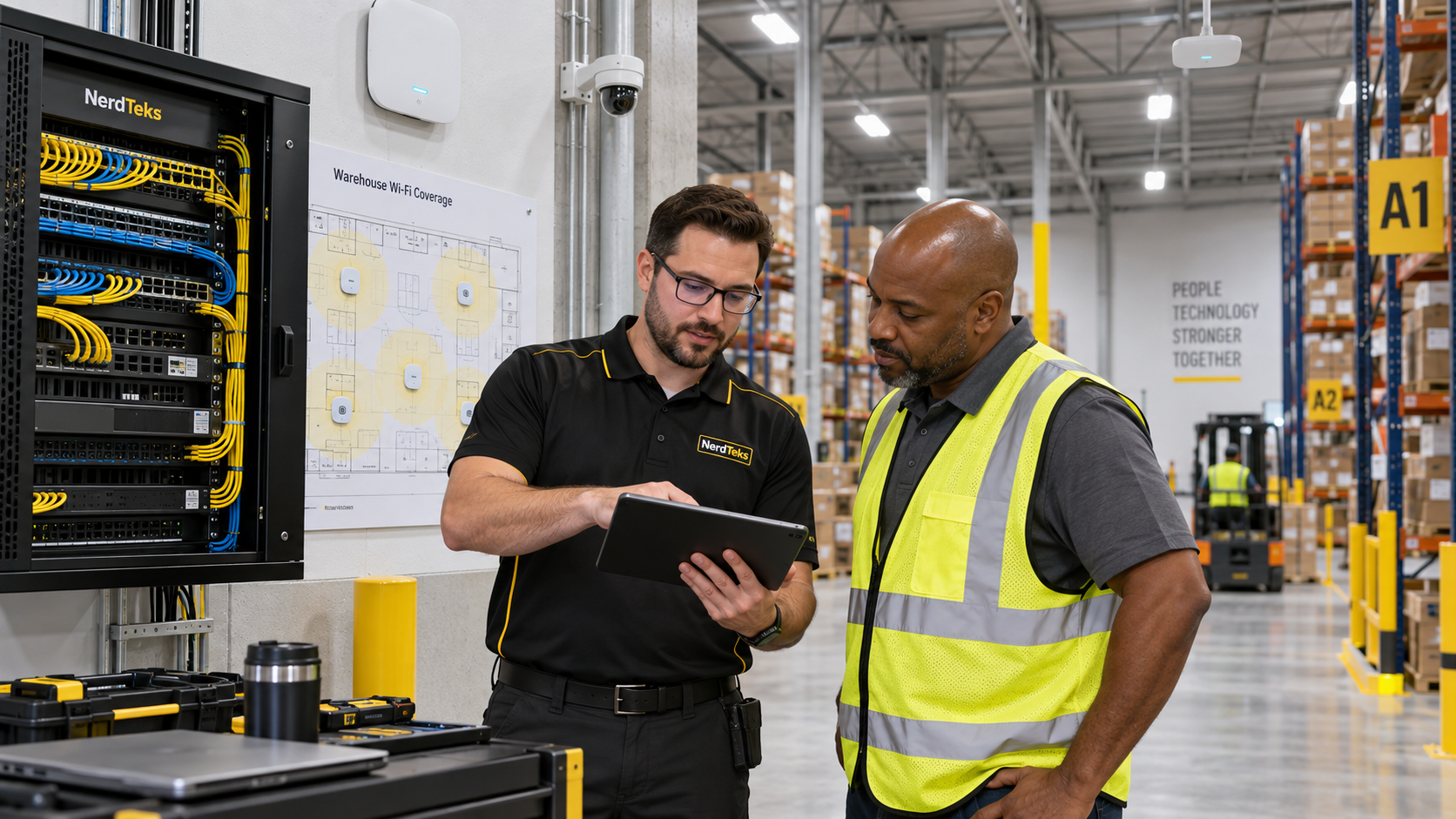 NerdTeks technician reviewing warehouse network equipment with a warehouse operations manager