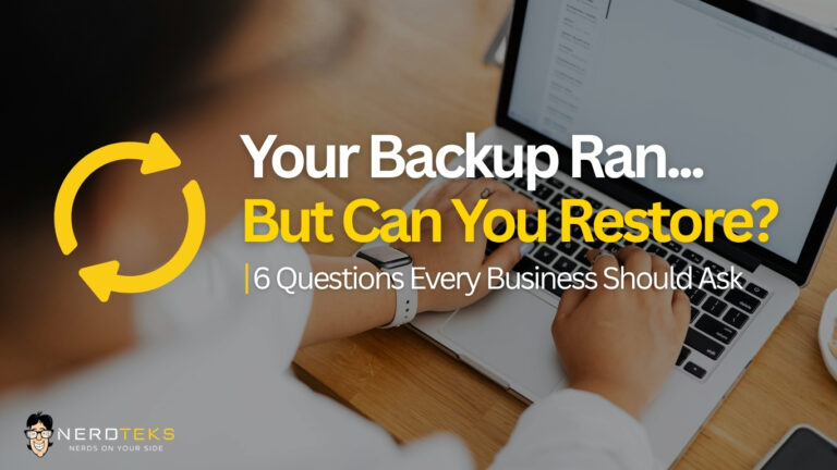 Business backup and disaster recovery blog cover asking whether company data can be restored after a successful backup, with six essential recovery questions. Copy